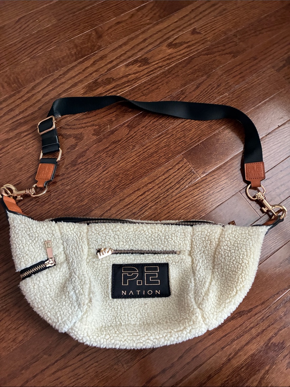 P.E Nation Cream Sherpa Crossbody Belt Bag with Black Strap